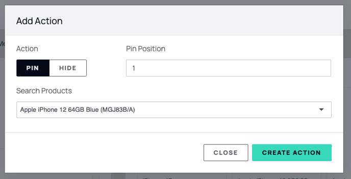 screenshot of the add action pop up when pinning a product